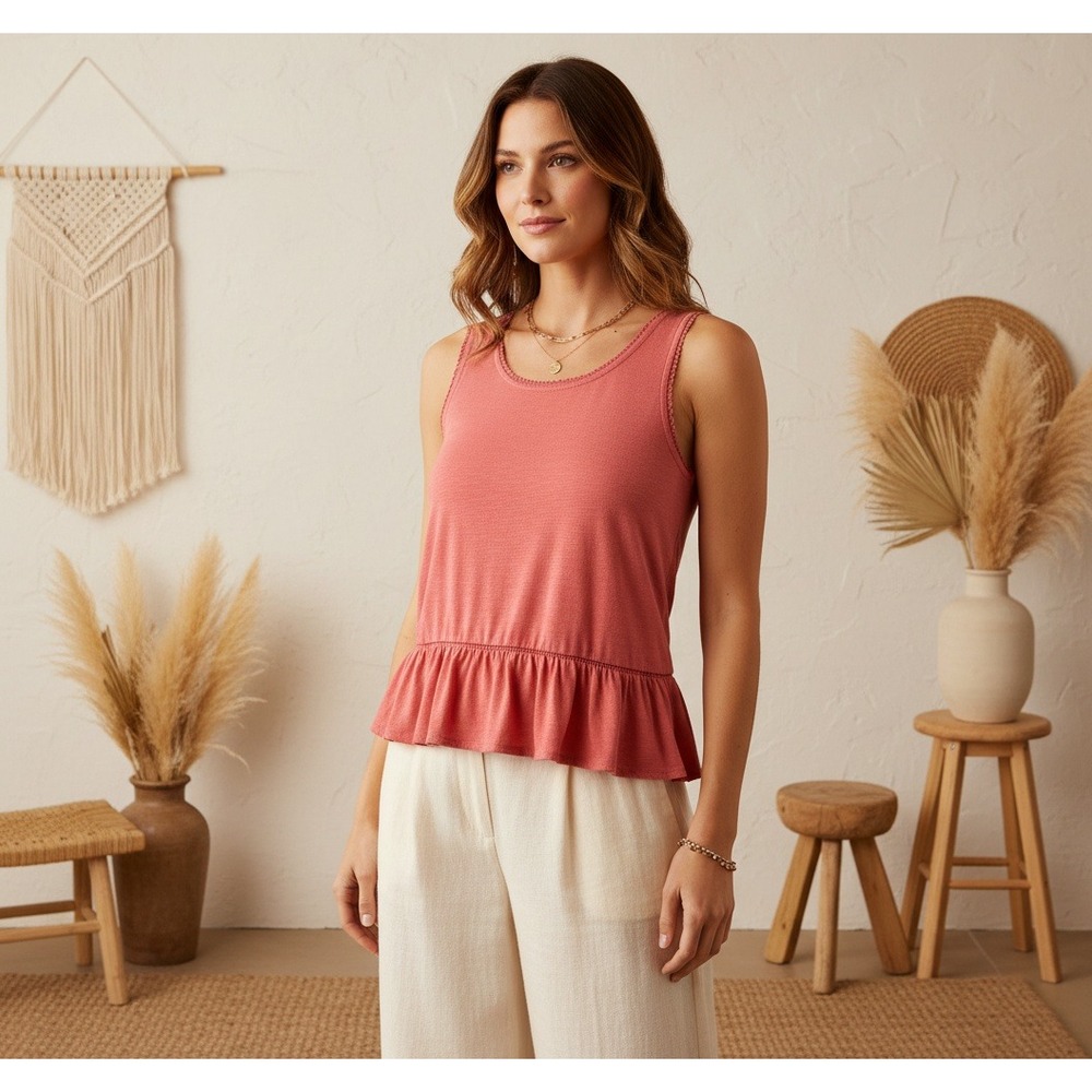 Loft‎ M Pink Ruffle Split Back Lace Tank Top Womens Cottage Boho Coquette Whimsy